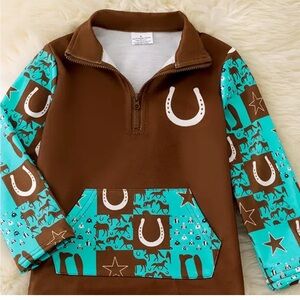 Brown and Teal Horse Print Pullover